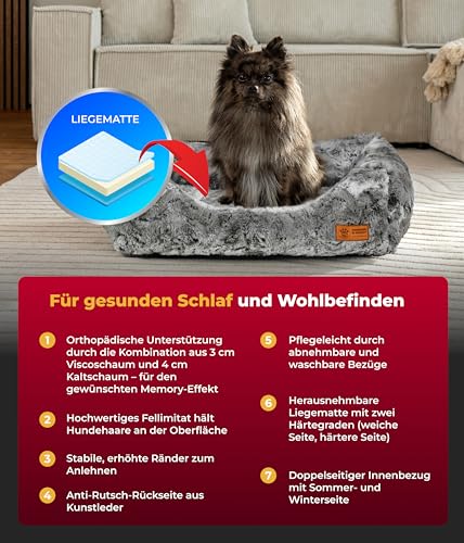 HS-Hundebett® Kuschelbett Deluxe Exklusiv S (60x75 cm) – Orthopädisches Hundebett mit Memory Foam & Anti-Rutsch – Waschbar – Shadow – Made in DE