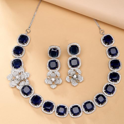Image of ZENEME Jewellery Set Classic Style Rhodium Plated AD /American Diamond Studded Silver Plated Bejeweled Rose Necklace Jewellery Set for Women & Girls