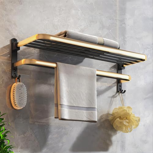 Image of MIORAH 24 Inch Foldable Aluminum Towel Rack for Bathroom - Wall Mounted Double - Tier Towel Holder with Rod & Hooks | Rustproof Black