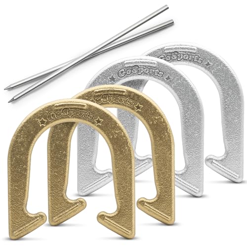 GoSports Steel Horseshoes Outdoor Game Set - Official Size and Weight - Gold & Silver
