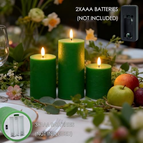 Image of LUSHARBOR LUSHABOR Green Flameless Candles, Battery Operated Candles for St. Patrick's Day, Real Wax LED Fake Candles for Spring Decor Party Centerpiece Green Set of 3