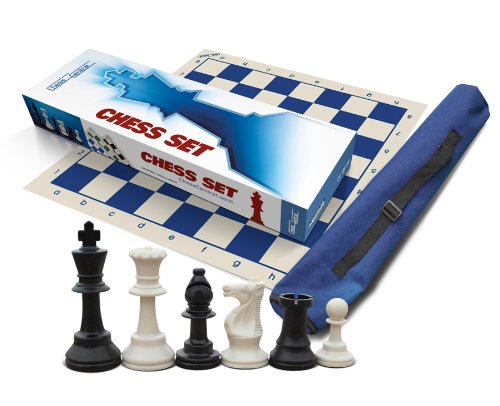 Premium Chess Set, Triple Weighted Chess Pieces (34 Pieces-2 Extra Queens), Blue Roll-Up Board and Blue Canvas Tube (Quiver) Tote Bag