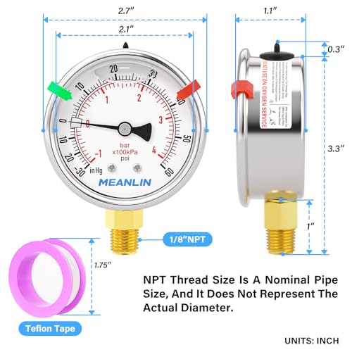 Image of MEANLIN MEASURE -30inHG~60Psi Vacuum Pressure Gauge 1 /8 inch NPT 2.5 inch FACE DIAL, Stainless Steel Liquid Filled Pressure Gauge WOG Water Oil Air Lower Mount (with 2PCS Snaps)