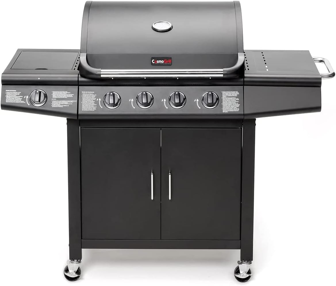 CosmoGrillGas Barbecue 4+1 - Deluxe Grill BBQ with Side Ring Burner Black (Barbecue with Cover)