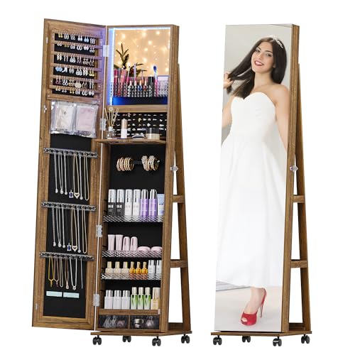 OUTDOOR DOTI 360° Rotating Jewelry Armoire with Full Length Mirrors,Free Standing 61'' Jewelry Organizer with 3-Color LED Lights, Lockable Jewelry Storage Cabinet with 3-tier Storage Shelf