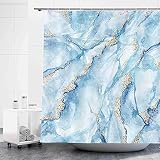 D&M Navy Blue Marble Shower Curtain White Watercolor Golden Cracked Lines Fabric Bath Curtain for Ba
