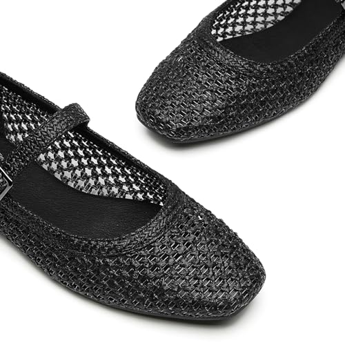 Image of Trary Mary Jane Shoes Women Woven Flats for Women Dressy Ballet Flats Squared Toe Mary Jane Flats Shoes