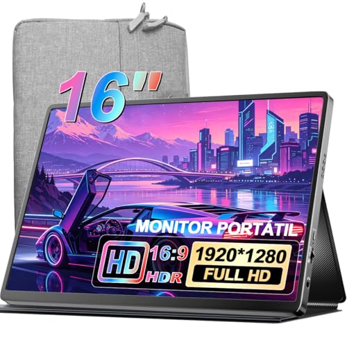 Monitor Portátil 16' Full HD 1080P, Tela IPS Ultrafina com USB-C e HDMI, Monitor Externo para Jogos e Trabalho, Alto-falantes Integrados, Capa Inteligente e Corpo em Liga de Alumínio