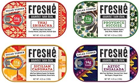 Freshé Gourmet Canned Tuna Variety Pack (4 Pack) Healthy High-Protein Snack & Ready-to-Eat Meal – All-Natural, Non-GMO, Wild-Caught Tuna – Mediterranean Diet Friendly
