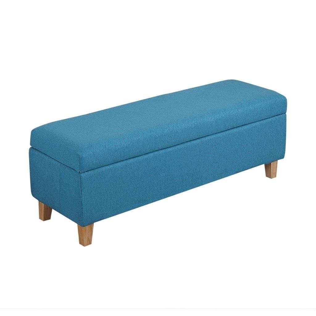 Tabouret de rangement coffre en lin bleu avec repose-pieds en bois et banc bout de lit 120cm
