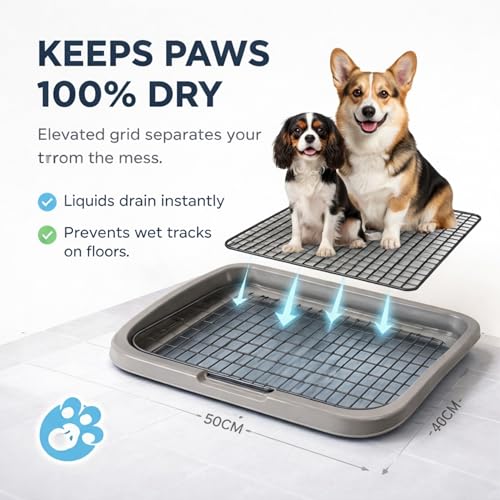 Image of MAK7 Indoor Pet Training Tray with Metal Mesh Grid, Grey Plastic Base, 47.5 x 37.5 x 1.5 cm Removable Grid for Easy Cleaning, Dog Waste Management System, Grey, Small