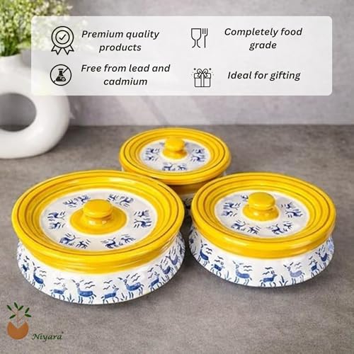Image of Niyara Blue Deer Design Ceramic Casserole with Yellow Line Border | Multipurpose Serving Bowl with Lid | Microwave Safe (Set of 3, Sizes: 1000ML, 650ML, 550ML)