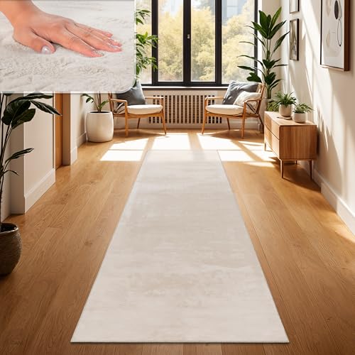 Paco Home Teppich Wohnzimmer Kunstfell weich waschbar modern elegant pflegeleicht Felloptik Uni Seidenglanz flauschig Kurzflor, Grösse:80x150 cm, Farbe:Creme