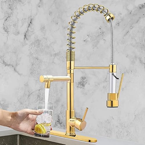Kitchen Sink Faucet With Pull Down Sprayer, Serimer Commercial Spring Faucet, Single Handle High Arc Deck Plate For Camper Farmhouse Rv Bar Gold #TOP2