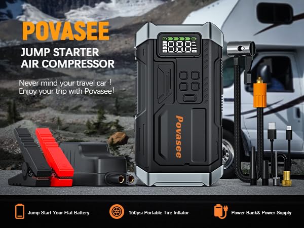 Image of 5000A Jump Starter with Air Compressor, Battery Jumper Starter car Battery Jump Starter povasee Portable Jump Starter (Up 9L Gas /8L Diesel Engine