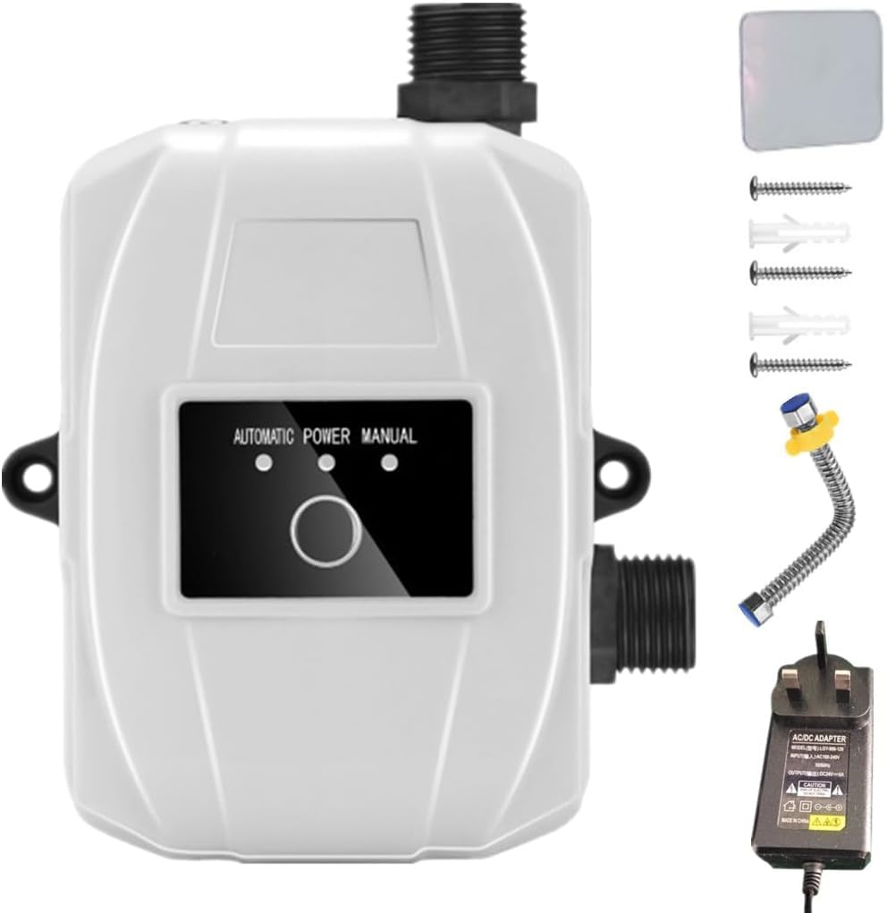 Water Pressure Booster Pump 150W, 24V Low Noise Household Pressure Booster Pump Automatic Mini Water Pump for Home Water Heater Bathroom Shower- UK Plug, White