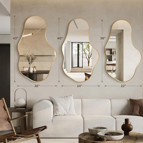 Image of Dorlicecass Irregular Wall Mirror - Wall Mirrors Decorative 24 inchx 40 inch Asymmetrical Abstract Mirror Aviation Aluminum Alloy Frame Unique for Bathroom, Bedroom, Living Room, Cloakroom, Entryway Gold