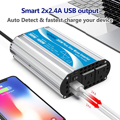 Pure Sine Wave Power Inverter 300Watt Car Adapter Converts 12V DC to 120V AC with 4.8A Dual USB and 2 AC Outlets for Tablets Laptops Smartphones CPAP