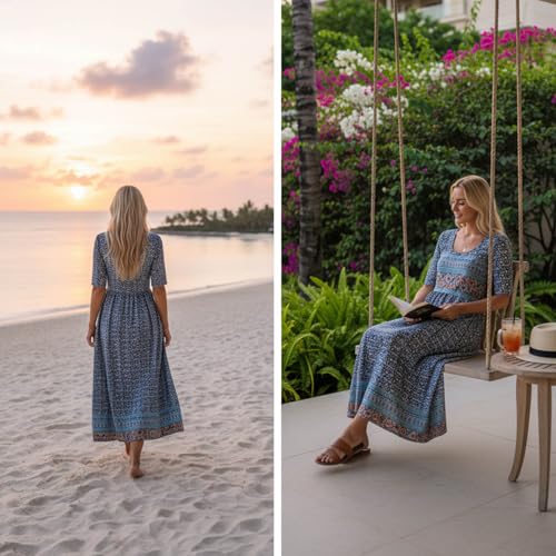 Image of Women's Boho Floral Maxi Dress Casual Boho 2026 Summer Short Sleeve Beach Dresses with Pockets