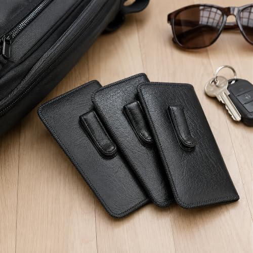 Image of Calabria Soft Slip-In Glasses Case with Pocket Metal Clip Black for Men /Women Synthetic Leather Felt Lining 6.5 inchx3 inch - 50PACK