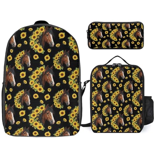 3PCS Backpacks Set, Large Capacity Travel Daypack 17 Inch Sunflower Horse Insulated Lunch Bag Lightweight Compact Pencil Pen Case