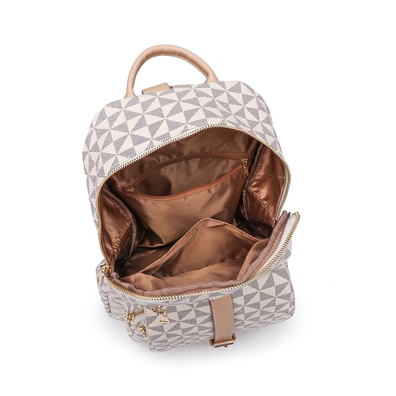 Image of Light Beige Minimalist Backpack for Women, Vegan Leather Cute Purse with Gold Zipper, Small Daypack for Office /Shopping