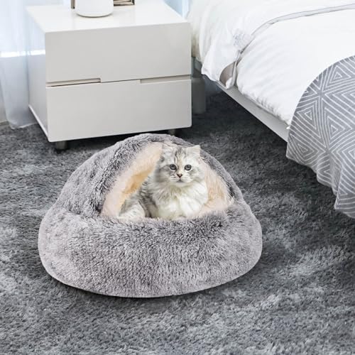 Round-Hooded-Cat-Bed-Dog-Bed-with-Cover-Cave-Dog-Bed-for-Small-Dogs-Faux-Fur-Cuddler-Round-Coved-Cat-Bed-Self-Warming-Donut-Dog-Bed-Fits-up-to-5-lbs-Pets-Gray-16inch-x-16inch