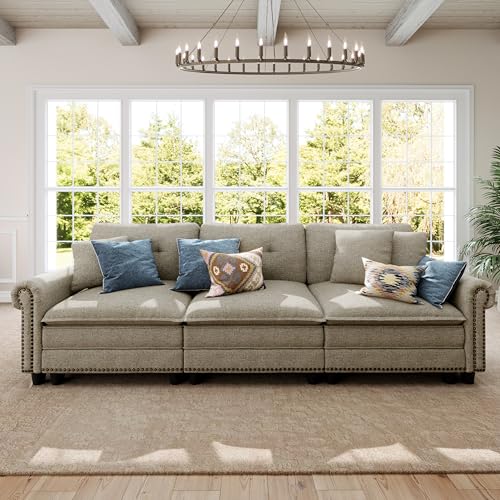 Image of SUNSHINE VALLEY 103.1 inch Modular Sectional Couch for Living Room Deep Seats | Mid-Century Modern 3-Seater Cloud Sofa, Light Grey, Rolled Arms & Nailhead Trim, Wider & Deeper Seats, Soft Linen