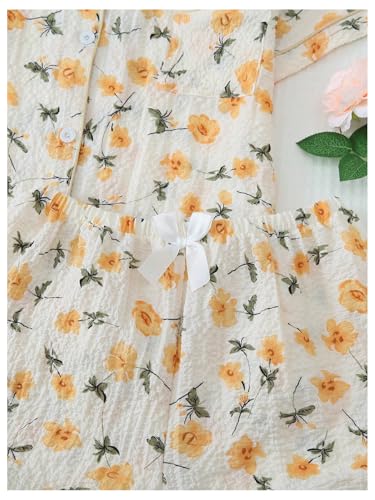 Image of BEAUDRM Women's Two Piece Pajama Sets Allover Print Short Sleeve Sleepwear Button Down Shirt and Bow Shorts Pj Set Loungewear Apricot and Yellow Medium