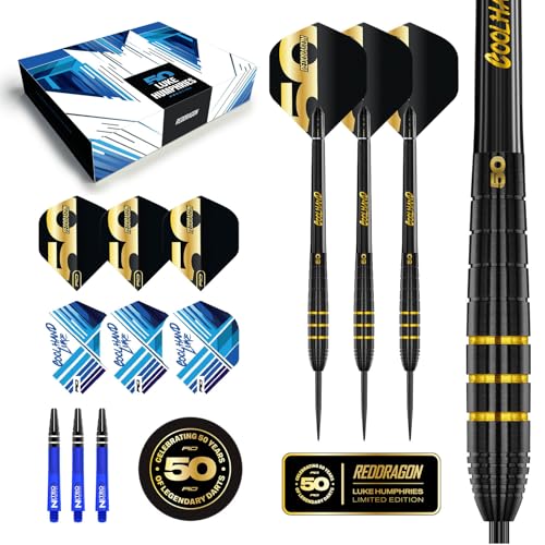 RED DRAGON Darts – 50 Jahre Jubiläums Spieler Edition – Luke Humphries ‘Coolhand’ 22g – 90% Wolfram – Professionelles dartpfeile metallspitze Satz – Enthält Steeldarts Pfeile Flüge und Dart Schäfte