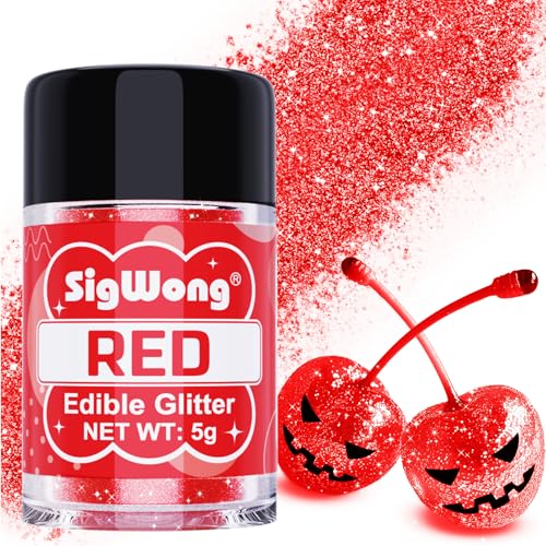 Red Edible Glitter - 5g Food Grade Cake Decorating Shimmering Glitter, Edible Sprinkle Luster Dust for Drinks, Chocolates, Fondant, Strawberries, Cupcakes, Candy, Halloween Cookie - Vegan