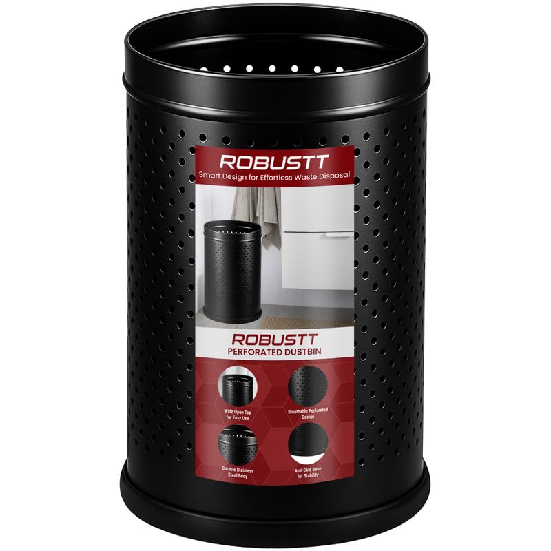 Image of Robustt Stainless Steel Perforated Design Open Top Dustbin - 18L | 10Inch (W) x 14Inch (H) Black Trash Can with Anti-skid Base | For Bathroom, Bedroom, Kitchen & Toilet or Commericial Use - Pack of 1
