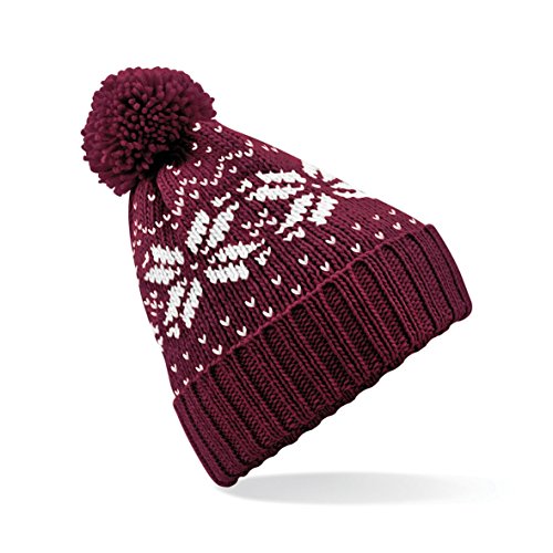 Image of Unisex Beechfield Fair Isle Knit Snowstar Beanie Bobble Hat Burgundy/White One Size
