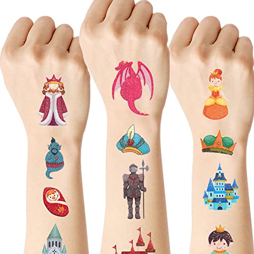 AOOWU Tatouage Temporaire pour Enfant, 10Pcs Briller Etanche Tatouage Ephémère Kit Tatoo, Château Princesse Prince Roi Charizard Sorcière, Cadea Décoration De Fête Garçon Fille Cover