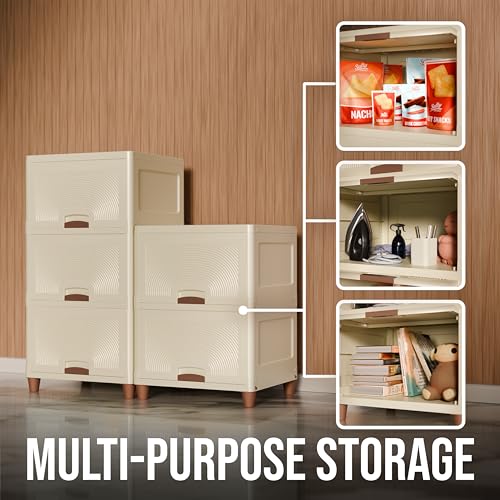 Image of Amazon Basics Multi-Purpose Large Organizer | Modular Storage Box for Clothes, Kitchen, Bedroom & Living Room | Stackable Rack, Space-Saving Wardrobe Cabinet (Off White), 5 Piece, 37.5LX44.7WX27H cm