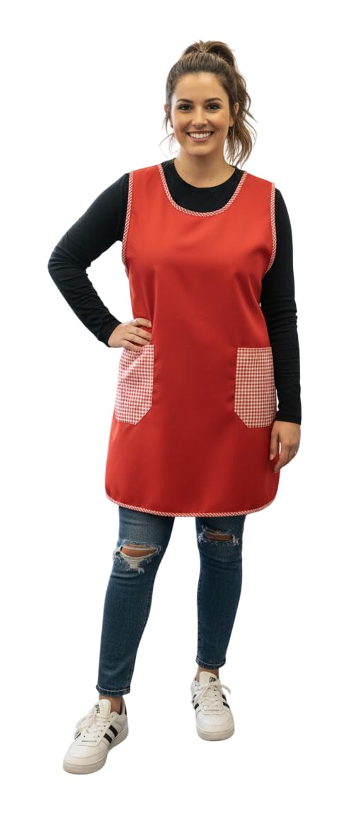 Galba®.Bata Cruzada de Maestra · Color Rojo · Bolsillos Vichy Delantal japonés sin mangas · Talla L/XL · Con regalo incluido