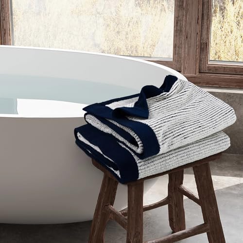 Cleanbear Fluffy Bath Towels For Bathroom, Shower Towel Set Of 2, Jacquard Weaved Soft Cotton Towels Navy-Blue thumb #6