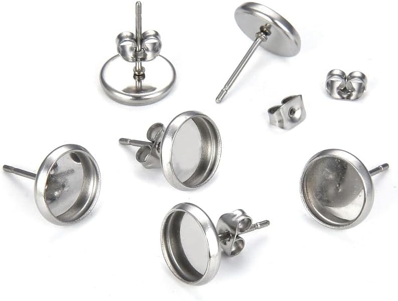 200pcs Adabele 304 Grade Surgical Stainless Steel Hypoallergenic Earring Post Bezel Cup Tray Blank Setting 200 Earnut Backs for 10mm Cabochon Resin DIY Earrings Jewelry Making SJF7-10