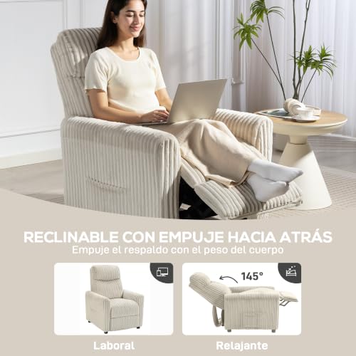 HOMCOM Fauteuil de relaxation inclinable, fauteuil inclinable manuel, tapissé en velours côtelé, installation rapide, repose-pieds, rembourrage épais, pour salon, chambre, bureau, crème – vue 4