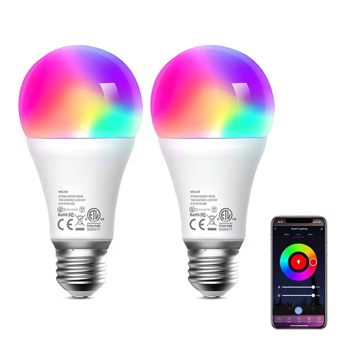 Nuoxuprms Smart Bulb, Smart Light Bulbs, Dimmable Wi-Fi Colour Changing Light RGB Bulbs Work with Alexa, Google Home, Remote Control, Voice Control, Garage Lights, 850Lm, 9W, E27 (2 Pack)