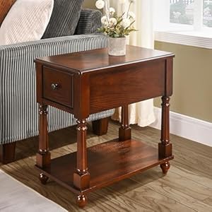 Narrow End Table with Drawer and Storage Shelf Solid Wood Sofa Side Table Slim Beside Table Telephone for Small Spaces Living Room 22L x 13W x 227H No tools Assembly Dark Walnut BBJ004DWA