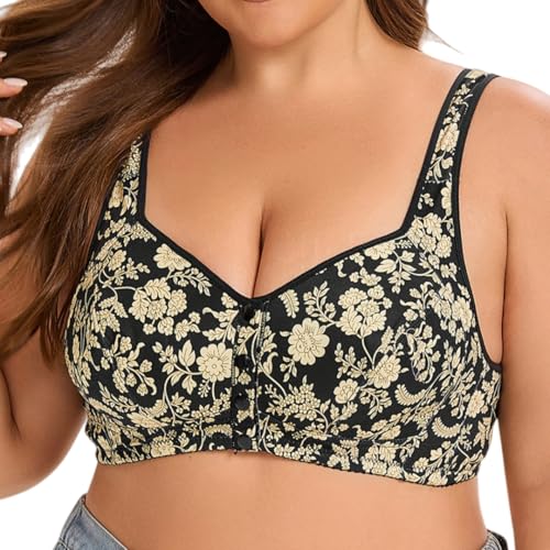 YUYUTulips Sujetador de Cierre Frontal para Mujeres Cobertura Total Talla Grande Sin Alambres Cómodo Algodón Dormir Cierre de Snap Sujetador para Mujeres Mayores (120E,Negro)