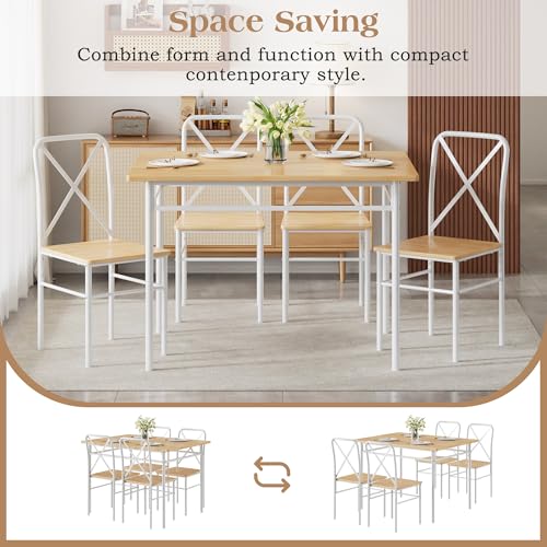 Image of VECELO 5-Piece Dining Table Set for 4, Wood Dinette with Chairs, Natural | Space-Saving, for Kitchen