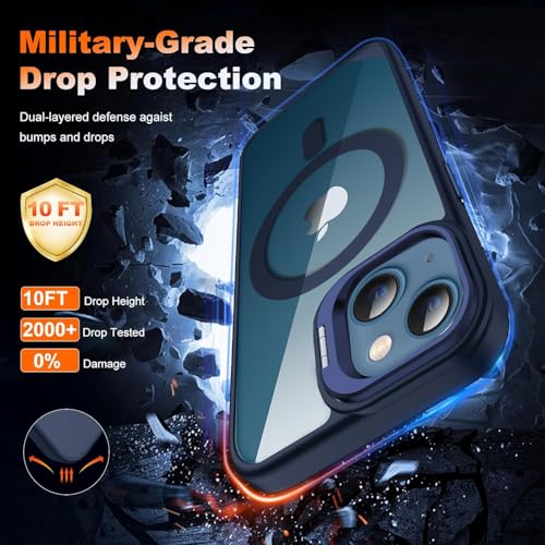 Image of VONZEE Clear Camera Kickstand Case for iPhone 15 Plus, Built-in Adjustable Camera Stand, Clear Magnetic Mag-Safe Shockproof Classic Series Phone Cover (Blue)