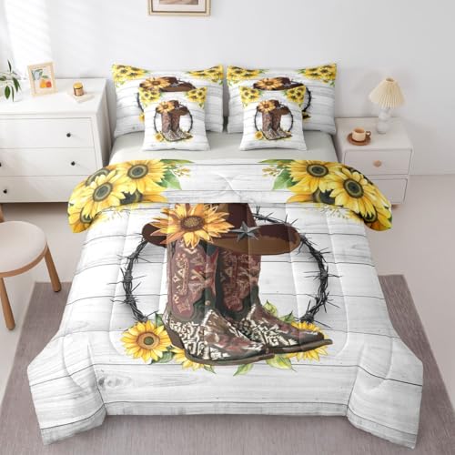 Image of Western Comforter Set 7-Piece Bed in a Bag Twin Sunflower Bedding Sets Cowboy Boots for Men,Bohemian Flowers Comforter and Sheet Set,Cowboys Gifts for Women,Cowboy Hats Bed Sets,Rustic Farmhouse Decor