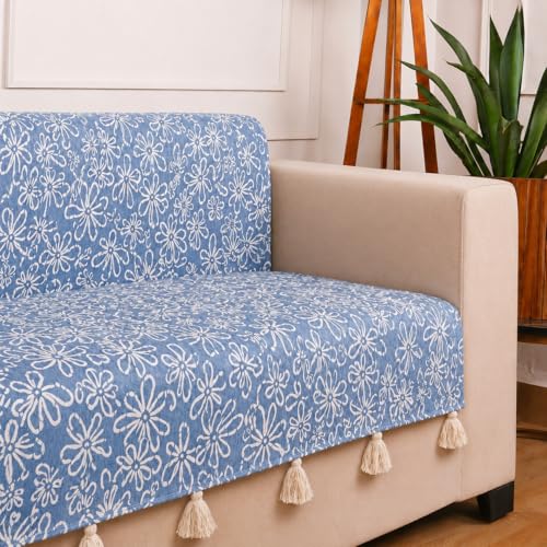 Image of STITCHNEST 'Verdant Phool Stories' 3 Seater Sofa Cover - Full Coverage| Elegant Jacquard Fabric, Decorative Tassels, Washable & Durable for Modern Living