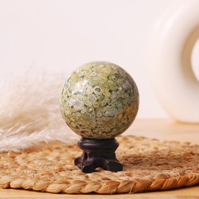 Image of Natural Rainforest Jasper Crystal Ball 180-200 Gm with Wooden Stand | Polished Healing Crystal Sphere for Reiki, Meditation, Feng Shui, Vastu Decor & Crystal Collection