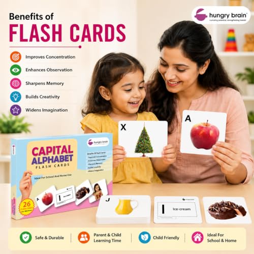 Image of Hungry Brain Capital Alphabet Baby Flash Cards 3 Months+ | Montessori Learning Cards for Toddlers | Early Brain Development | Improve Vocabulary, Memory & Cognitive Skills | Educational Gift for Kids
