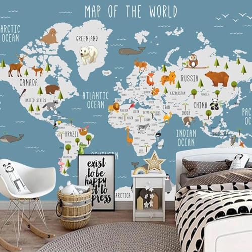 YLLMNOBN Papel tapiz 3D con mapa del mundo, mapa de animales para habitación de niños, adecuado para dormitorio, sala de estar, TV, fondo, pared, estudio, mural artístico