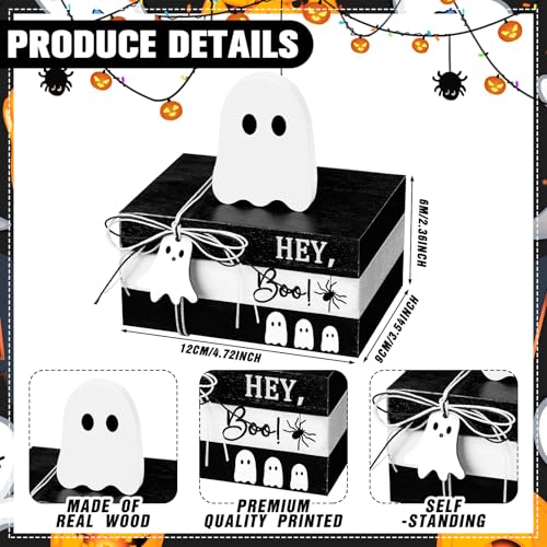 4 Pcs Halloween Ghost Table Decorations Rustic Distressed Ghost Wooden Signs Farmhouse Halloween Tiered Tray Decor Mini Book Stack Centerpiece for Home Office Desk Shelf Mantel(White) - Image 4